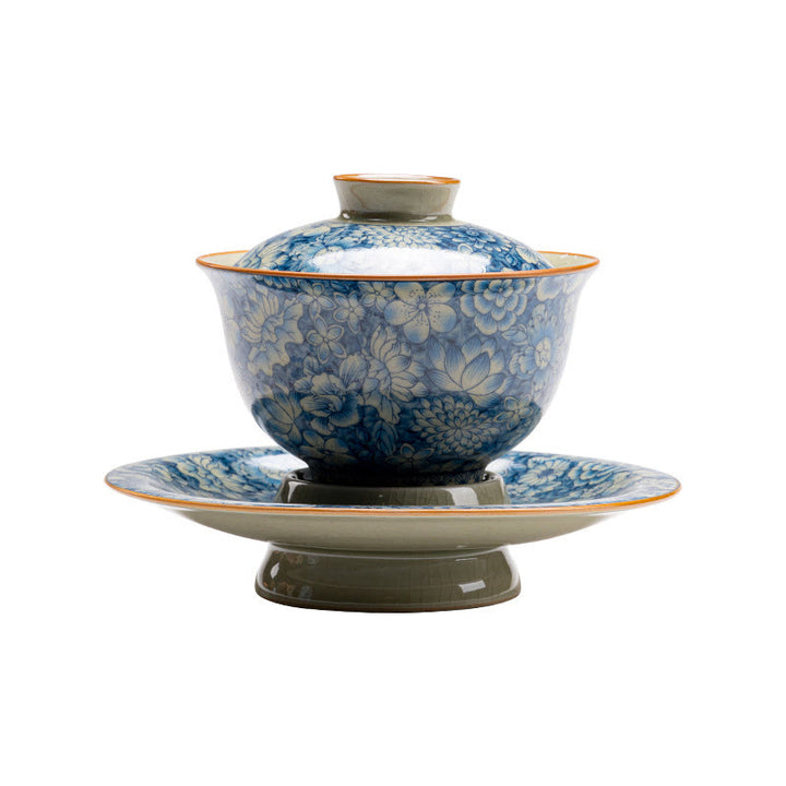Buddha Stones azul y blanca vintage Flor de durazno Loto Peonía Cerámica Gaiwan Sancai Taza de té Kung Fu Taza de té y platillo con tapa