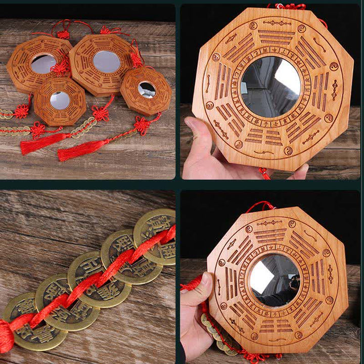 Feng Shui Bagua Mapa Madera de Durazno Monedas de Cinco Emperadores Equilibrio de Nudos Chinos Espejo de Mapa de Energía