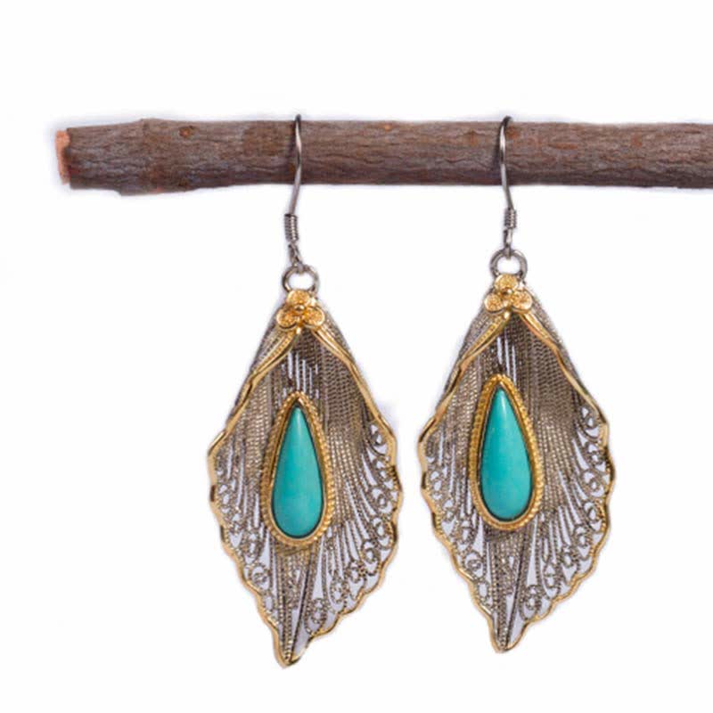 Pendientes colgantes de plata de ley 925 con diseño de hoja de Bodhi turquesa