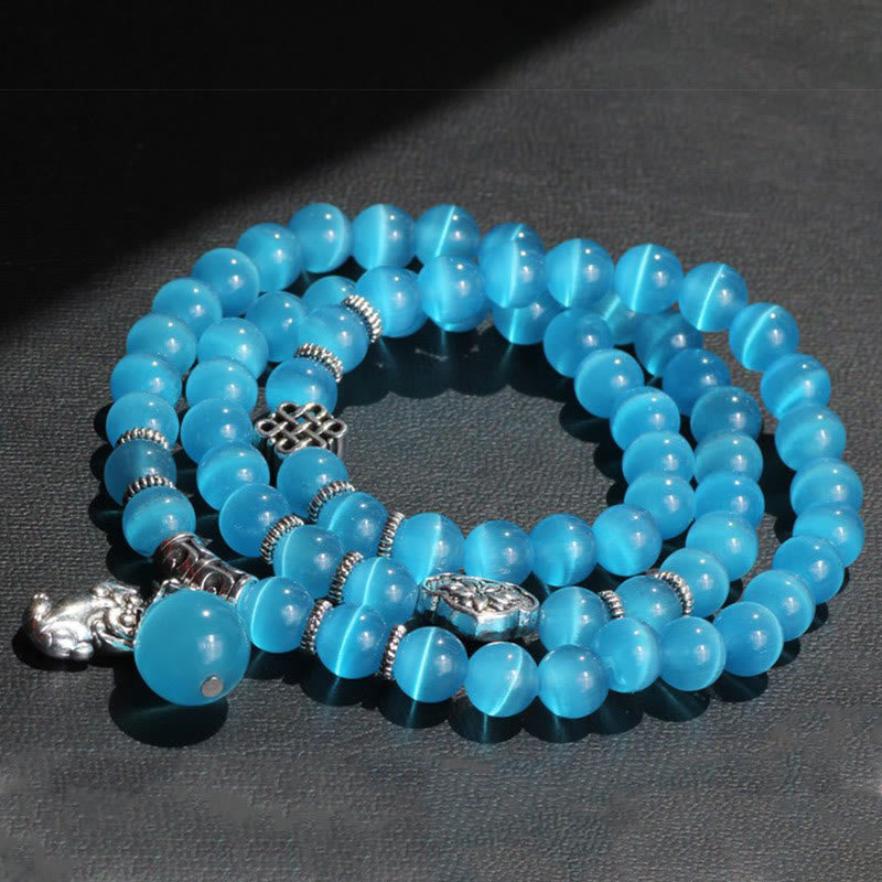 Pulsera de triple vuelta con soporte PiXiu de ojo de gato y Buddha Stones