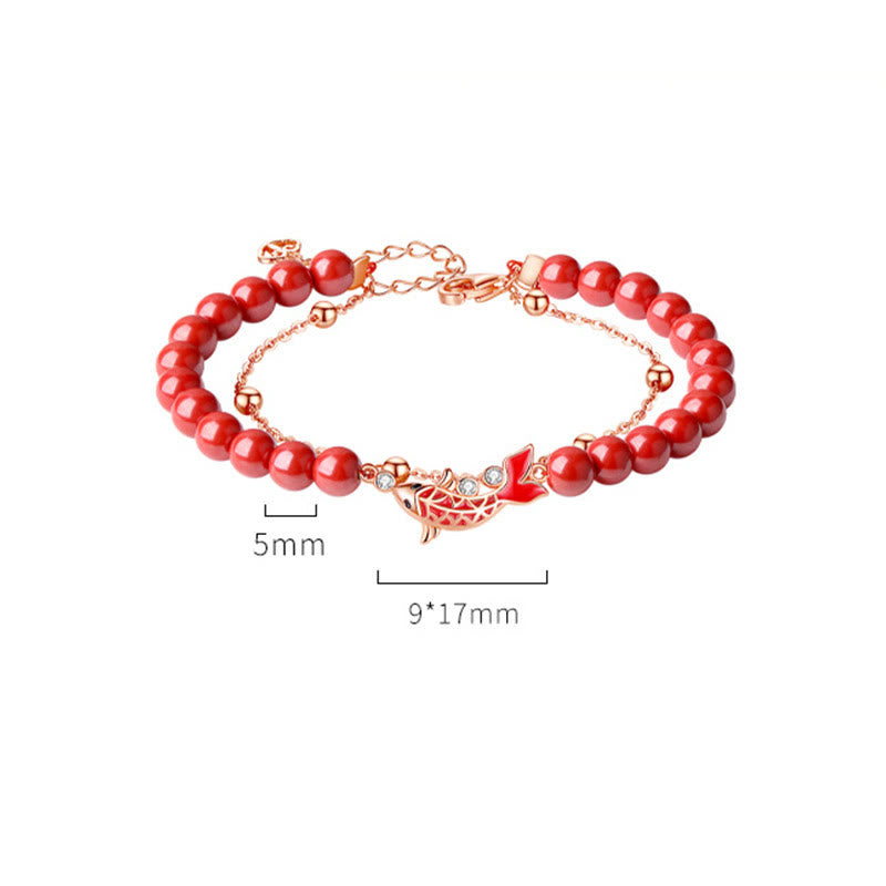 Pulsera de cadena de doble capa de plata de ley 925 con Buddha Stones , pez Koi de la suerte, circonita cinabrio, prosperidad