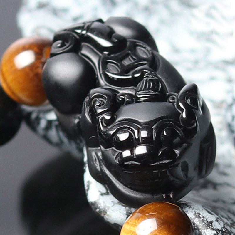 Pulsera de riqueza de ojo de tigre de obsidiana arcoíris FengShui PiXiu de Buddha Stones