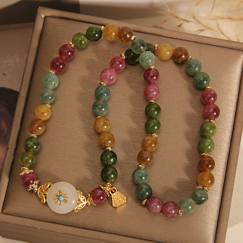 Pulsera de doble envoltura con flor de jade positivo de turmalina multicolor natural de Buddha Stones