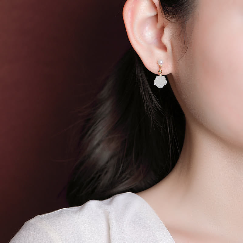 Pendientes de la suerte con perlas de jade cian y flor de rosa de jade chapado en plata de ley 925 con Buddha Stones