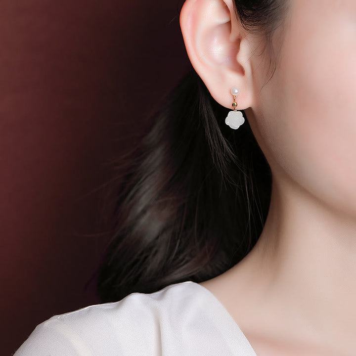 Pendientes de la suerte con perlas de jade cian y flor de rosa de jade chapado en plata de ley 925 con Buddha Stones
