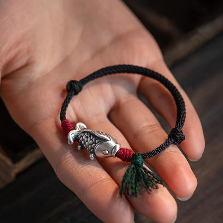 Pulsera trenzada de pez koi de la suerte de plata de ley 925 con Buddha Stones
