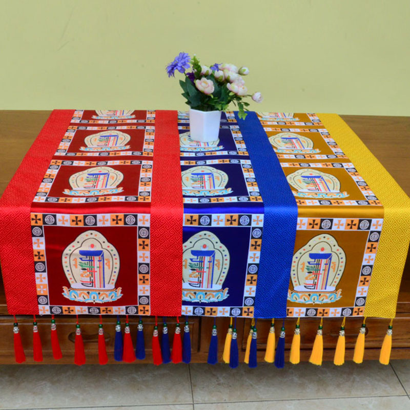 Tapete para altar de oración con Buddha Stones , Man-Bcu, Kalachakra, nudo sin fin, Vajra, símbolos propicios tibetanos, camino de mesa con borlas