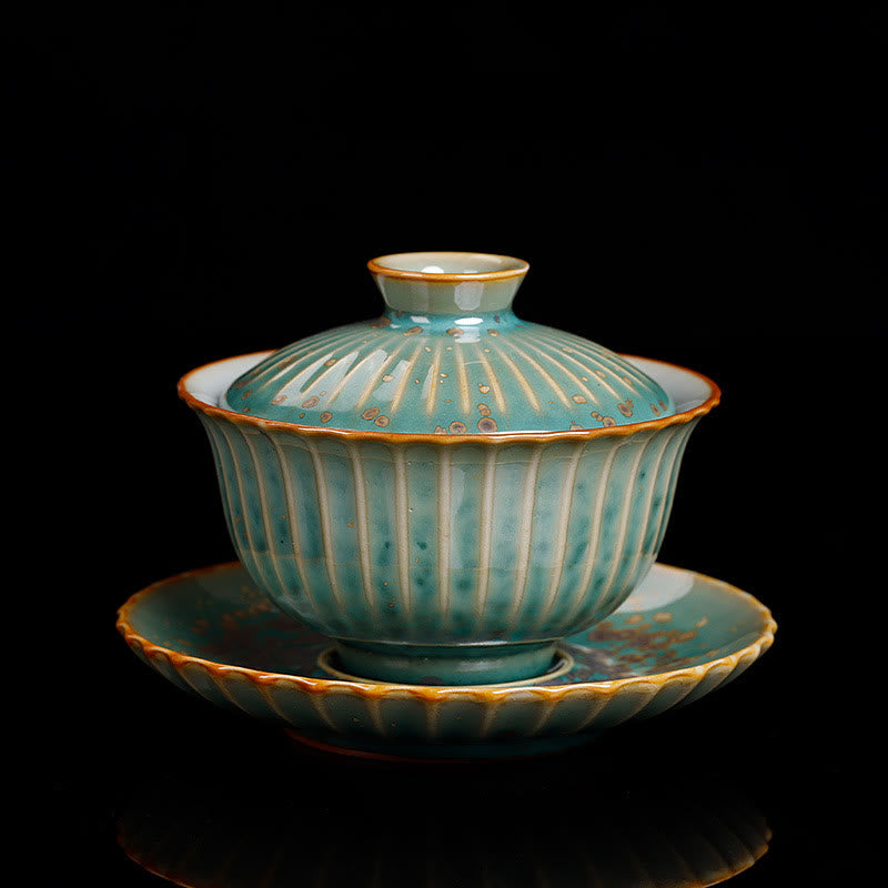 Taza de té y platillo con tapa, cerámica Gaiwan Sancai, cambio de horno de esmalte Retro, Buddha Stones , Kung Fu - ESTILO VERDE (EL COLOR Y EL ESMALTE PUEDEN VARIAR) - 11,5 cm x 8,5 cm x 140 ml - image 8