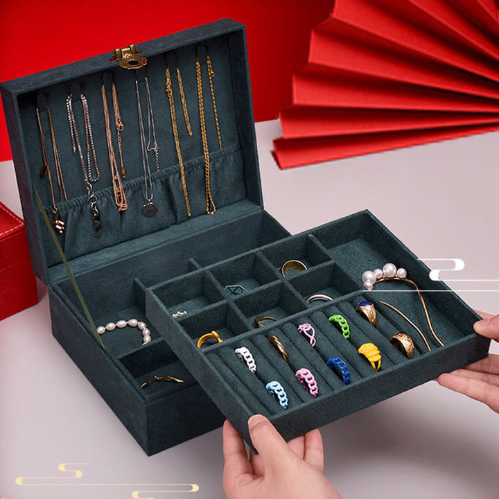 Caja organizadora de joyas de diseño Simple con Buddha Stones, caja de almacenamiento de joyas de dos capas, caja de franela con cerradura - image 3