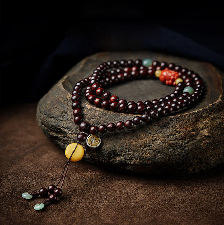 Buddha Stones zodiaco chino Buda Natal 108 cuentas Mala hoja pequeña sándalo rojo ágata roja pulsera de protección PiXiu