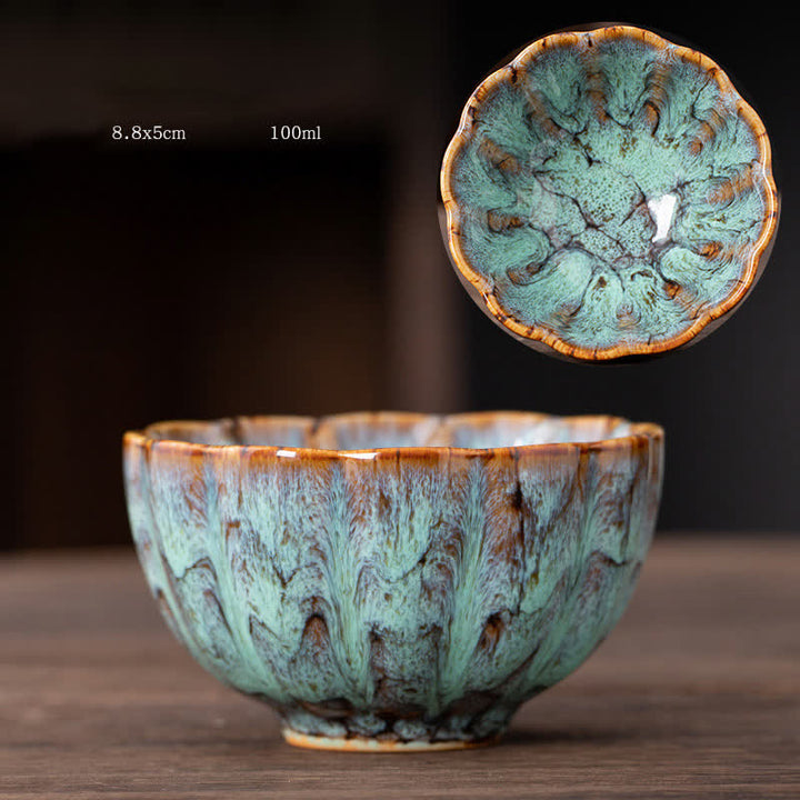 Tazas de té de cerámica con diseño de flor de melocotón y Buddha Stones