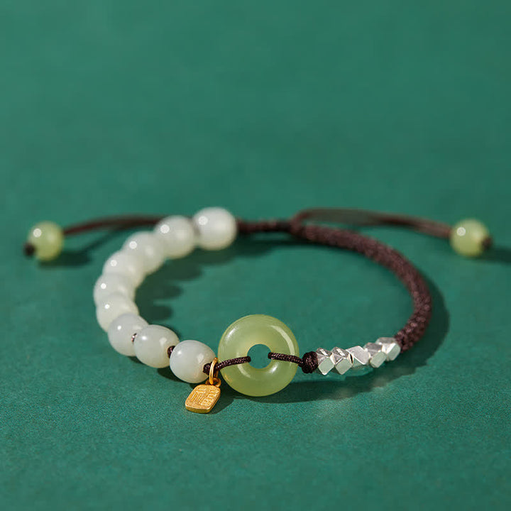 Pulsera de plata de ley 925 con hebilla de paz y jade hetiano con cuentas de suerte y felicidad - Marrón oscuro - image 13