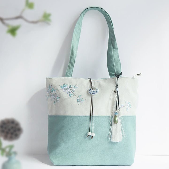 Bolso de hombro de gran capacidad con bordado de bambú, flor de pera, ciruelo, flor de melocotón, bolso de mano