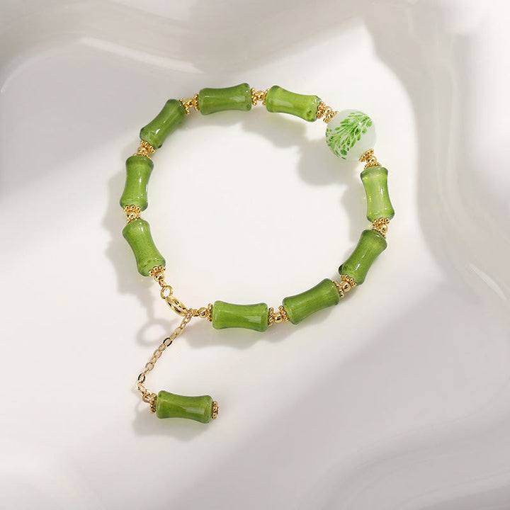 Pulsera de cadena de riqueza con Buddha Stones, patrón de bambú verde, cristal Liuli, ágata musgo