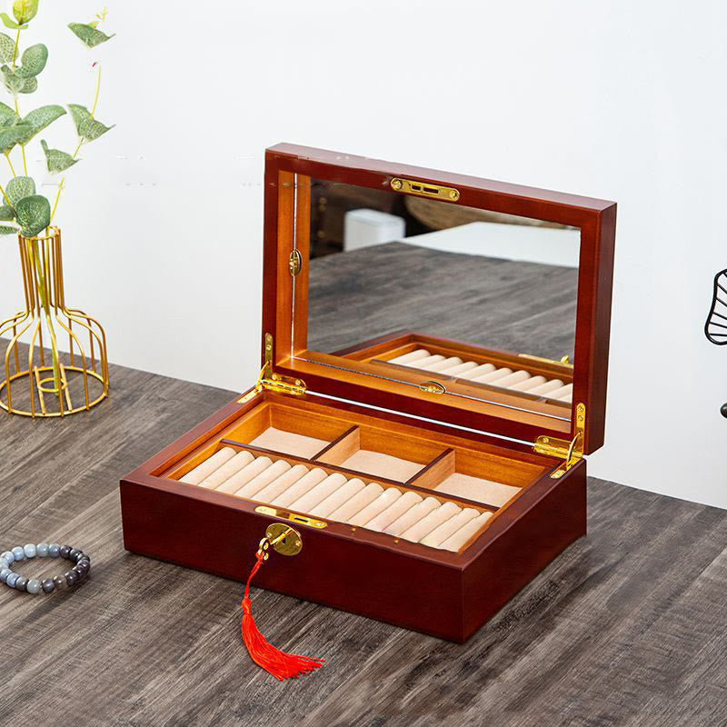 Caja de joyería de madera vintage con Buddha Stones, caja de almacenamiento de joyería de madera maciza de dos capas