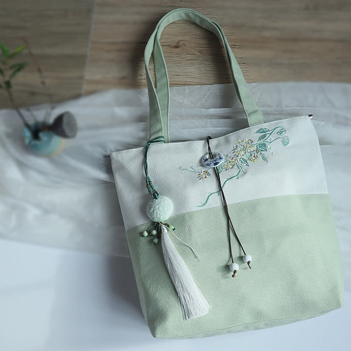 Bolso de hombro de gran capacidad con bordado de bambú, flor de pera, ciruelo, flor de melocotón, bolso de mano
