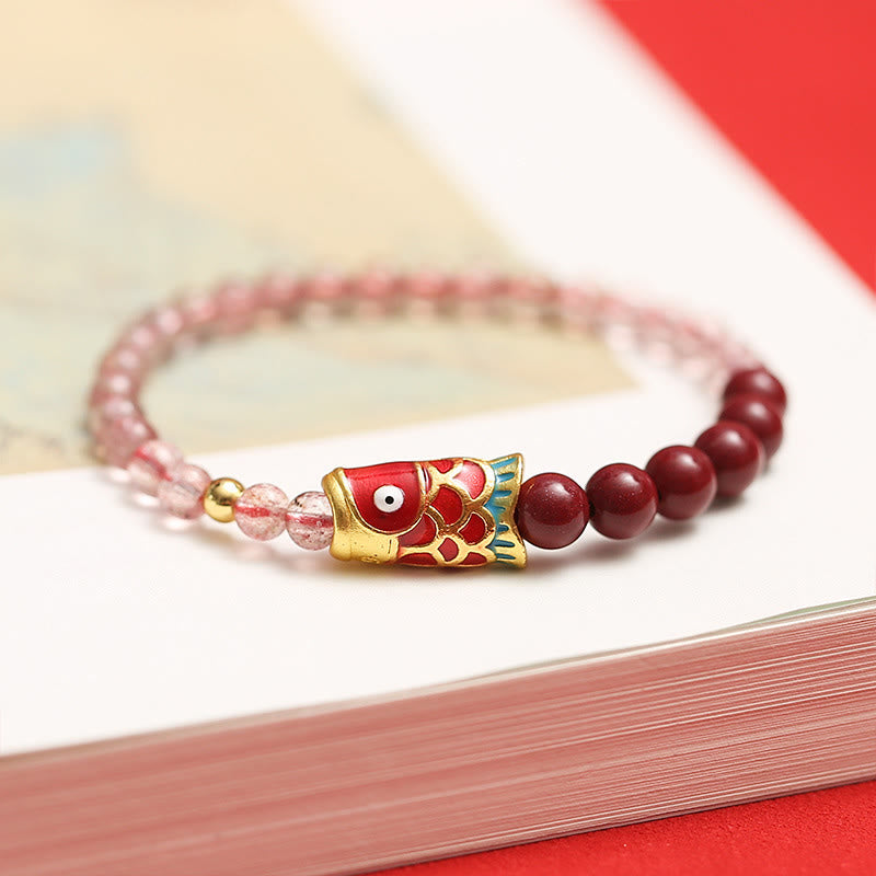 Pulsera curativa de peces Koi de la suerte, cinabrio, cuarzo fresa Natural, Buddha Stones