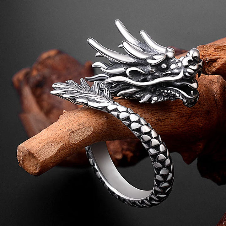 Anillo ajustable de plata de ley 990 con Buddha Stones , diseño de dragón vintage, protección de la suerte y fuerza - image 1