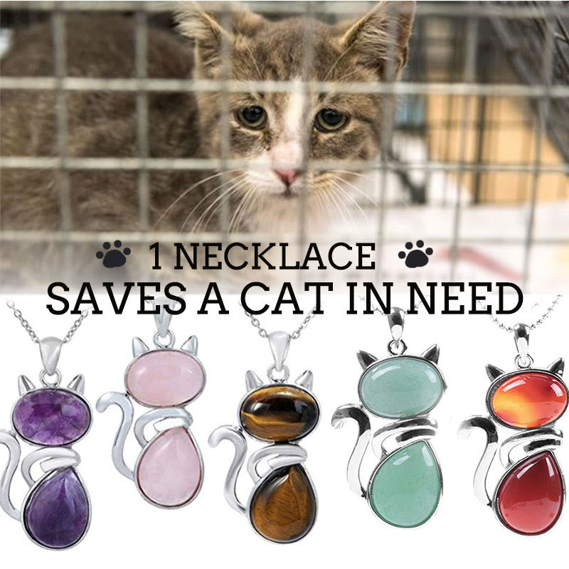 Save A Cat; Lindo patrón de gato Protección de cristal natural Collar con colgante amante de los gatos - image 1