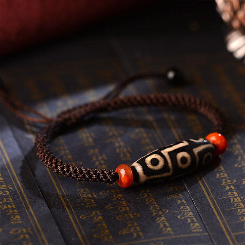 Pulsera de hilo de prosperidad con cuentas Dzi tibetanas de nueve ojos con Buddha Stones