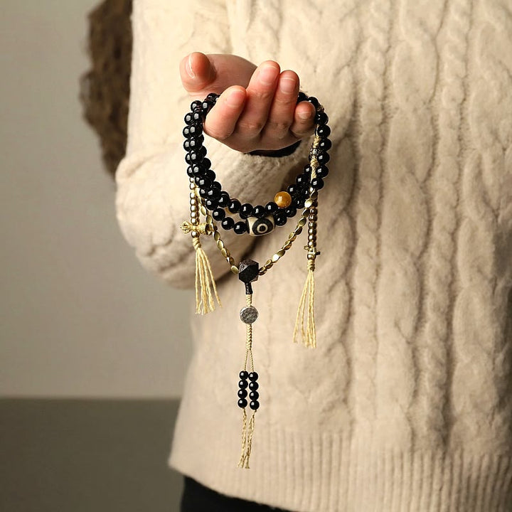 Pulsera de protección de cuentas Dzi de tres ojos de ónix negro con cuentas tibetanas de 108 Mala