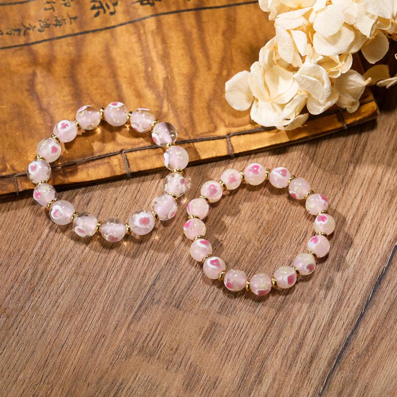 Pulsera de bendiciones con cuentas de cristal Liuli fluorescentes de corazón de amor rosa luminoso con abalorio familiar de bestia tragadora de oro con Buddha Stones