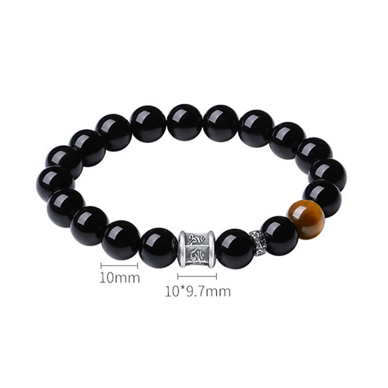Pulsera de cumplimiento Om Mani Padme Hum de ojo de tigre de obsidiana negra de plata de ley 999 con Buddha Stones