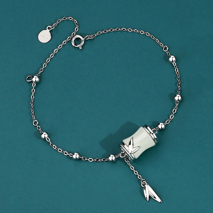 Buddha Stones de plata de ley 925, oro de 22 quilates, Jade blanco hetiano, hoja de bambú, collar de la suerte, pulsera con colgante - Plata de ley 925 - Pulsera - image 9
