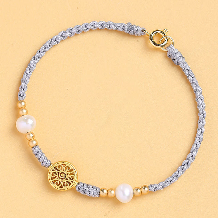 Pulsera trenzada de cuerda azul con Buddha Stones, moneda de cobre, árbol de la fortuna, perla, suerte