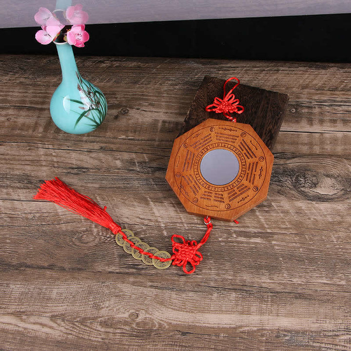 Feng Shui Bagua Mapa Madera de Durazno Monedas de Cinco Emperadores Equilibrio de Nudos Chinos Espejo de Mapa de Energía - 20*2 cm - Espejo cóncavo - Mapa de Bagua y cinco monedas del Emperador - image 3