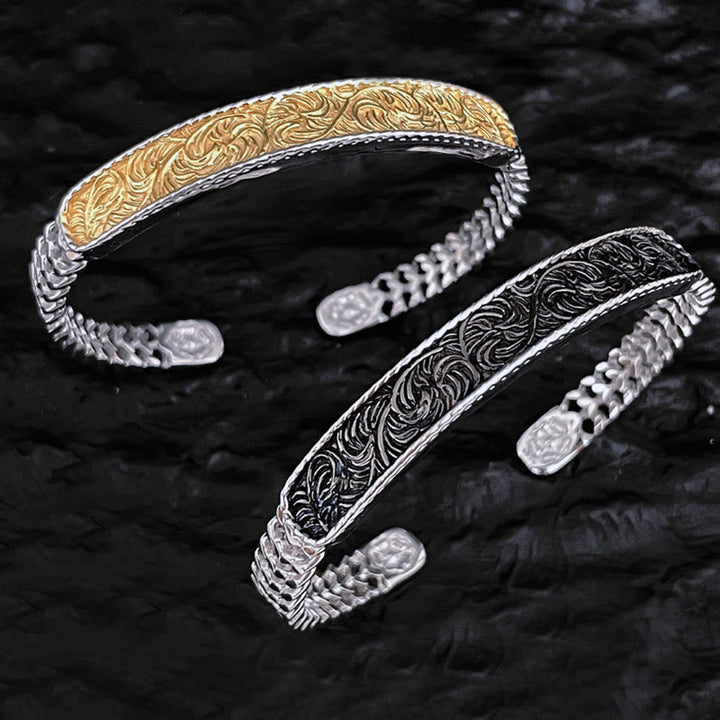 Brazalete de la suerte de cobre grabado con diseño de flor de la dinastía Tang, anillo ajustable