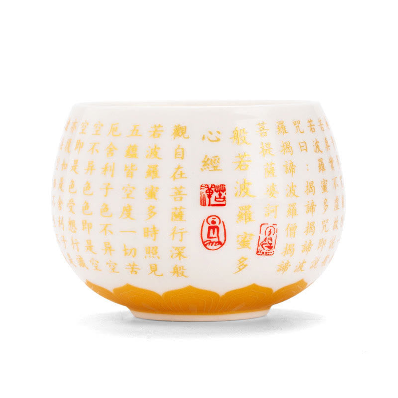 Taza de té y platillo con tapa, taza de té de cerámica Gaiwan, Sutra del corazón budista, Buddha Stones , pequeño personaje Fu, Kung Fu