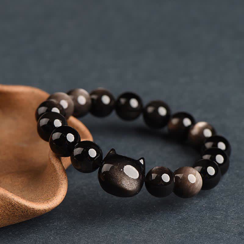 Buddha Stones Obsidiana con brillo dorado Obsidiana con brillo plateado Pata encantadora Pulsera de protección del gato de la suerte - image 25