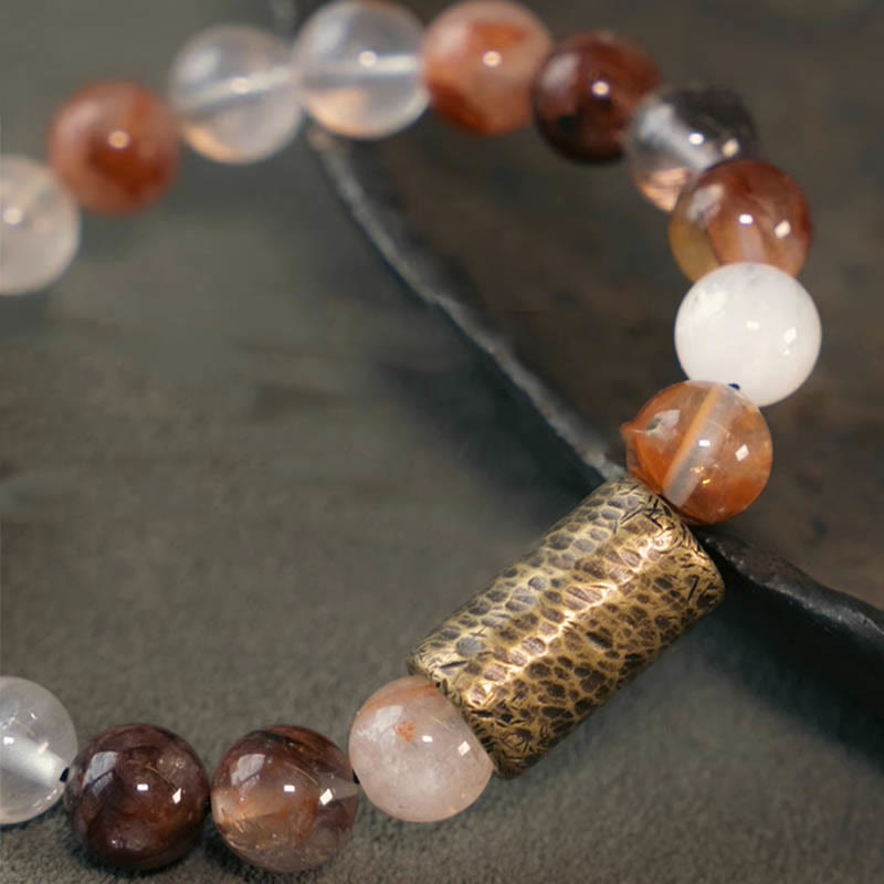 Buddha Stones Cristal blanco Cuarzo hematoide rojo Cuarzo rutilado dorado Pulsera de protección fantasma púrpura