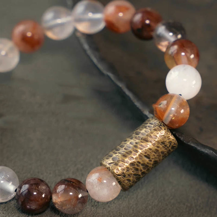 Buddha Stones Cristal blanco Cuarzo hematoide rojo Cuarzo rutilado dorado Pulsera de protección fantasma púrpura