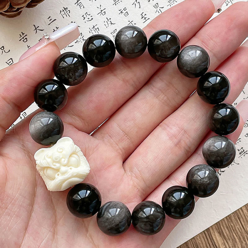 Pulsera de protección con Buddha Stones, obsidiana con brillo plateado, semilla de Bodhi, marfil, fruta, león danzante