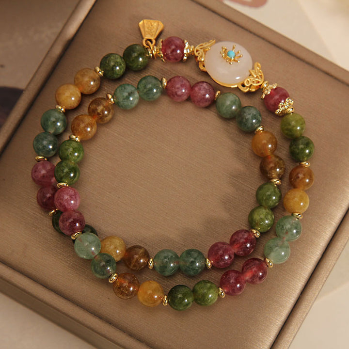 Pulsera de doble envoltura con flor de jade positivo de turmalina multicolor natural de Buddha Stones