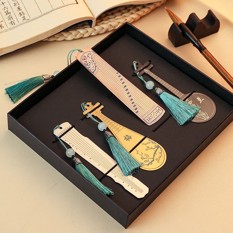 Buddha Stones instrumentos musicales clásicos Pipa Guzheng Guqin Ruan marcapáginas de Metal borla con caja de regalo
