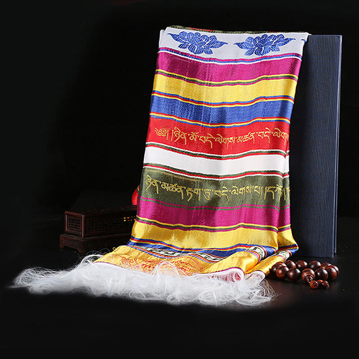 Bendición de la suerte tibetana, mantra de loto multicolor, decoración jacquard Khata - image 5
