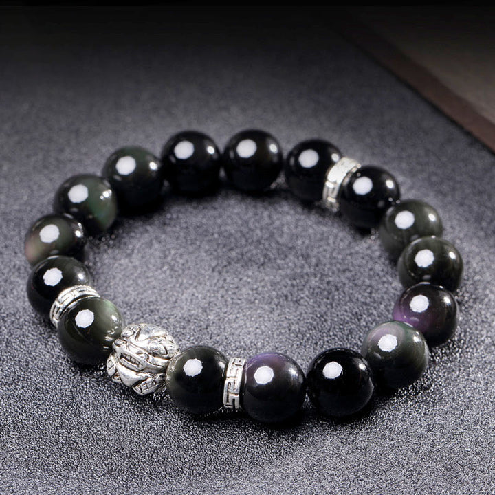 Pulsera de bendición PiXiu de obsidiana arcoíris natural FengShui