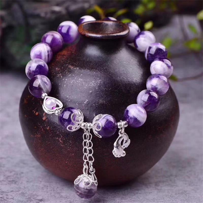 Pulsera con dije de corazón de amor para pies curativos con amatista natural de plata de ley 925 con Buddha Stones