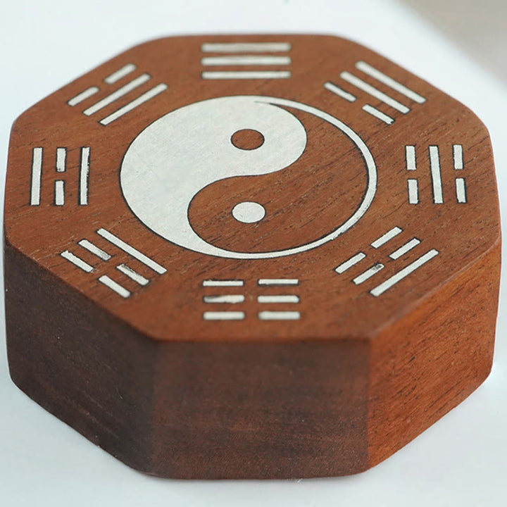 Buddha Stones hoja pequeña sándalo rojo madera de azufaifo madera de ébano plata con incrustaciones Yin Yang Bagua pulsera de protección de cazo grande
