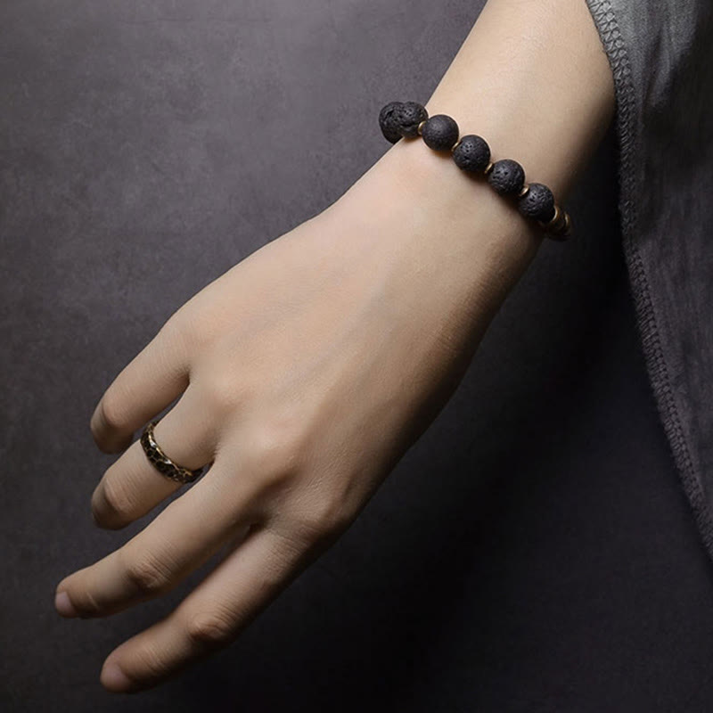 Buddha Stones, piedra de roca de Lava, obsidiana arcoíris, soporte de cobre, pulsera curativa