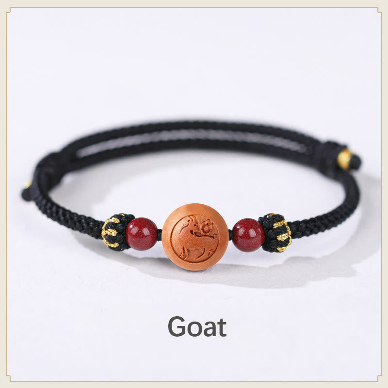 Pulsera de riqueza de cinabrio tallada con carácter del zodíaco chino, madera de melocotón Natural, Buddha Stones - Piel de cabra negra (circunferencia de la muñeca: 14-18 cm) - image 22