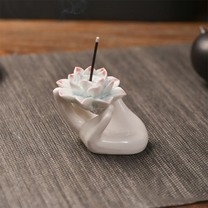 Quemador de incienso de meditación curativo a mano, pequeño loto de cerámica con Buddha Stones , decoración