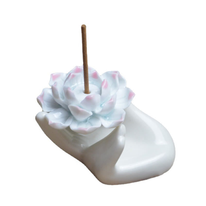 Quemador de incienso de meditación curativo a mano, pequeño loto de cerámica con Buddha Stones , decoración