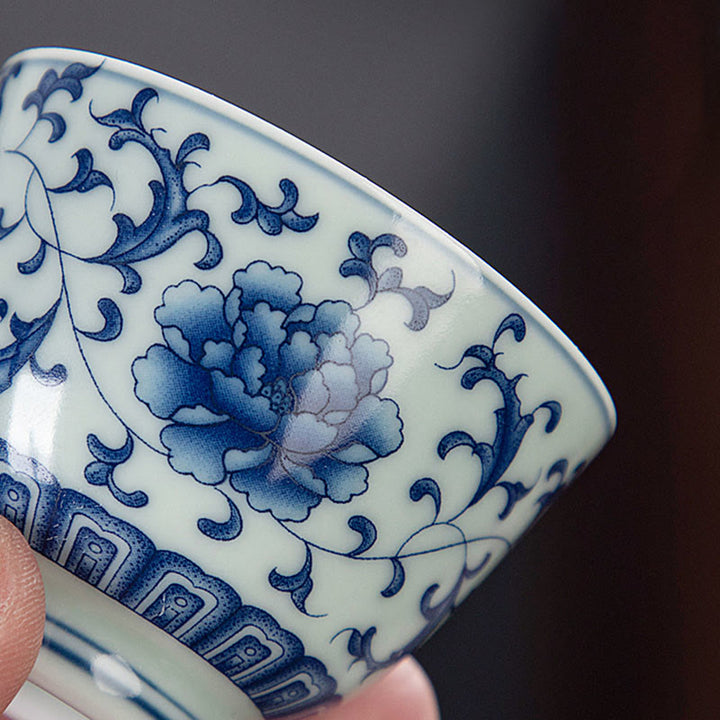 Taza de té de cerámica pequeña con Buddha Stones, paisaje azul, montañas, loto, lindos pabellones de gatos, Magnolia Reed Egrets, taza de té de Kung Fu