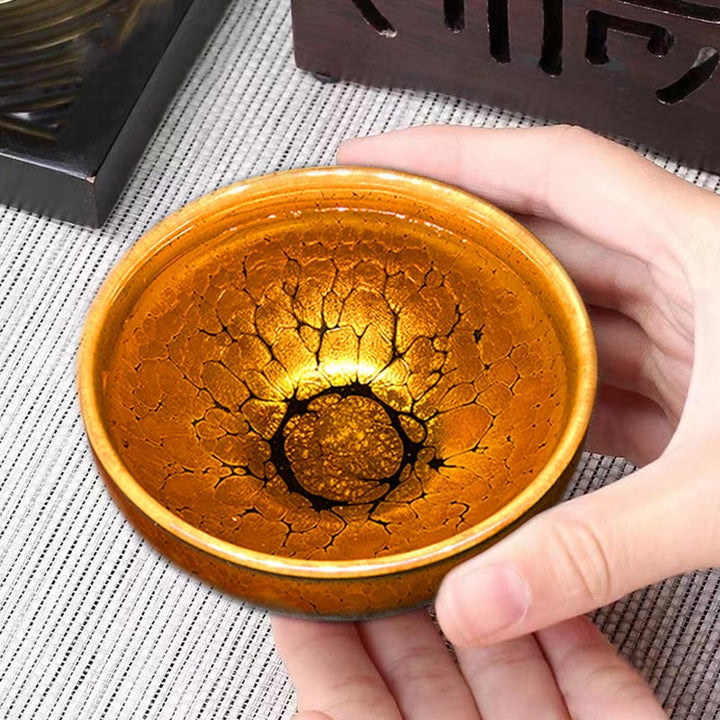 Taza de té de cerámica Jianzhan chino con diseño de manchas doradas y piedras de Buddha Stones , tazón de taza de té de Kung Fu con caja de regalo