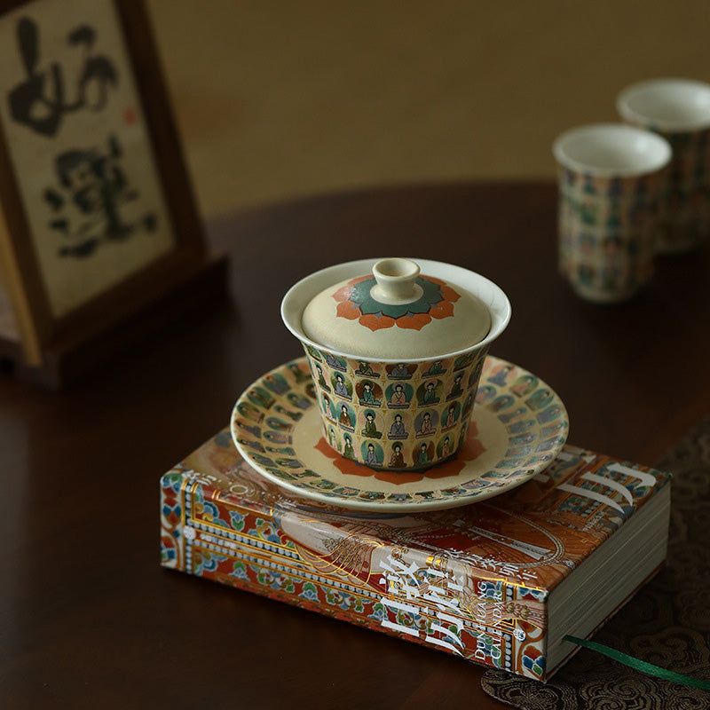 Buddha Stones Dunhuang Color mil Budas volando Apsaras patrón Gaiwan taza de té Kung Fu con tapa