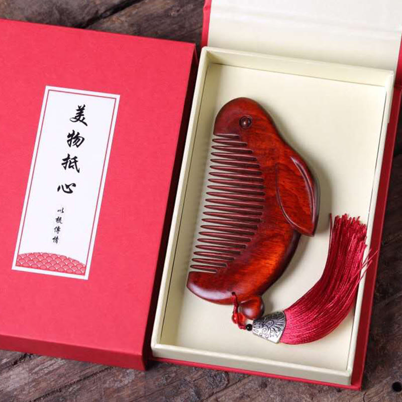Peine calmante de conejo lindo conejito de sándalo rojo de hoja pequeña con caja de regalo